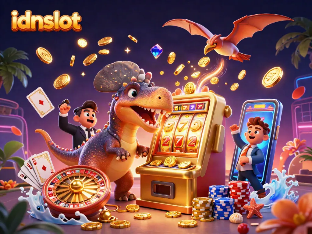 Experience the excitement of idnslot with animated dinosaurs in a jackpot frenzy, vivid casino action.