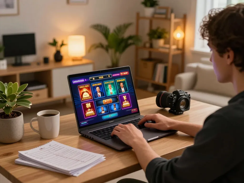 Playing casino games online at home with rr88 setup and vibrant atmosphere.