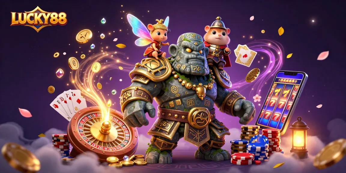 Win big with LUCKY88's vibrant 3D gaming scene featuring enchanting characters and thrilling casino elements.