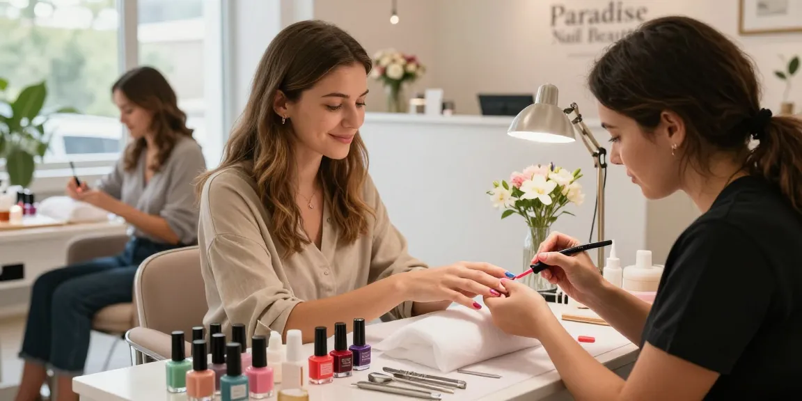 Client enjoying nail treatment at Paradise Nail Beauty salon, showcasing vibrant colors and a serene atmosphere.