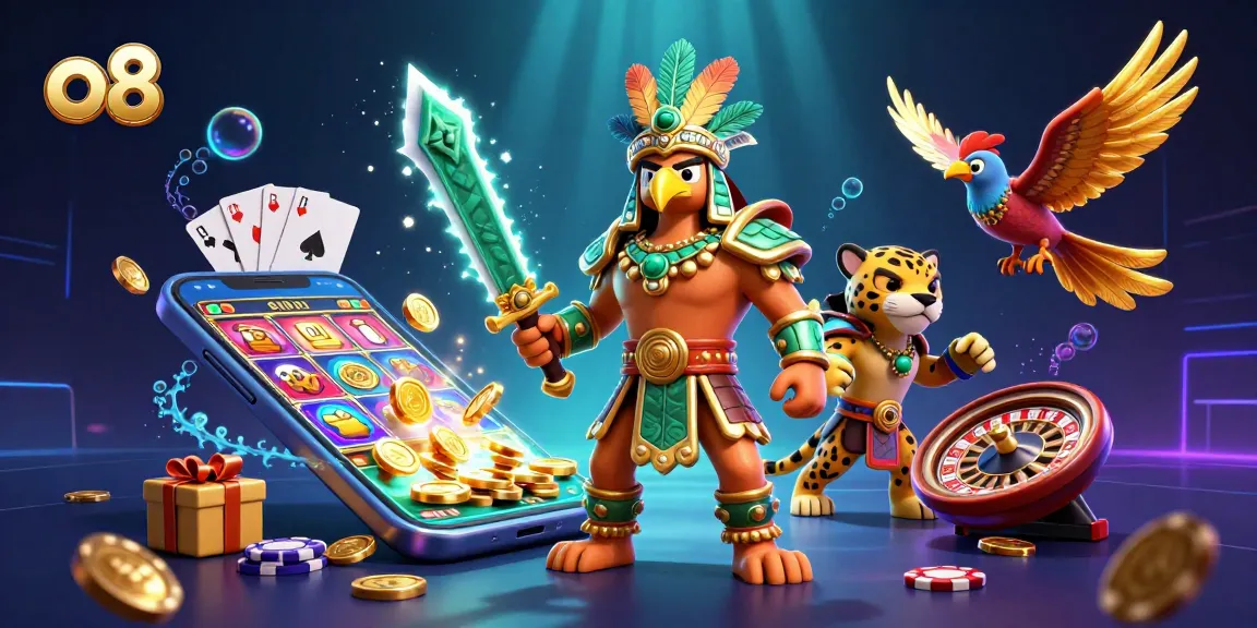 Engage with exciting slot games at o8 featuring an Aztec warrior and vibrant gaming elements.