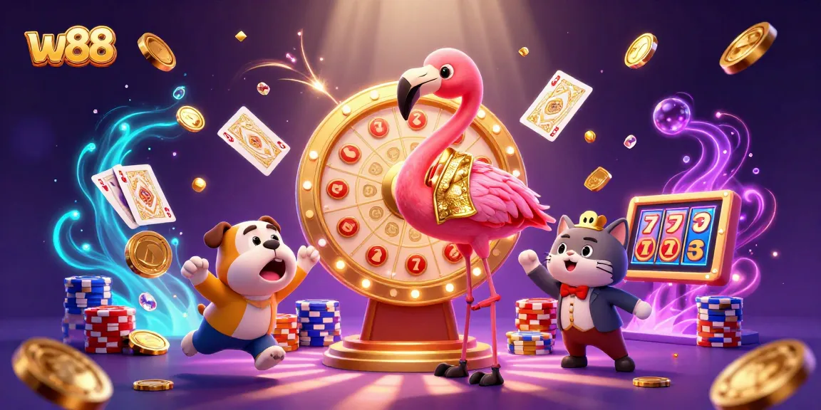 w88 players spin the giant prize wheel with excitement and winning potential in a lively casino scene
