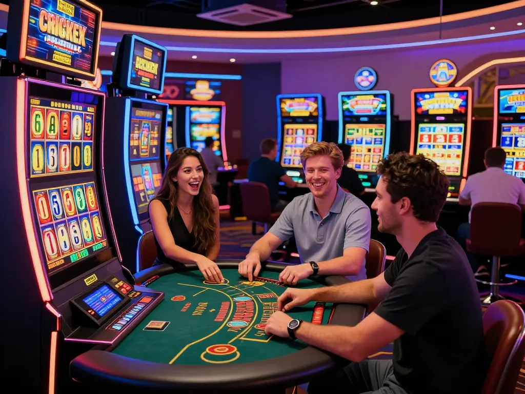 Exciting gaming scene at Crickex Casino with players enjoying slots and live dealer games, showcasing vibrant atmosphere.