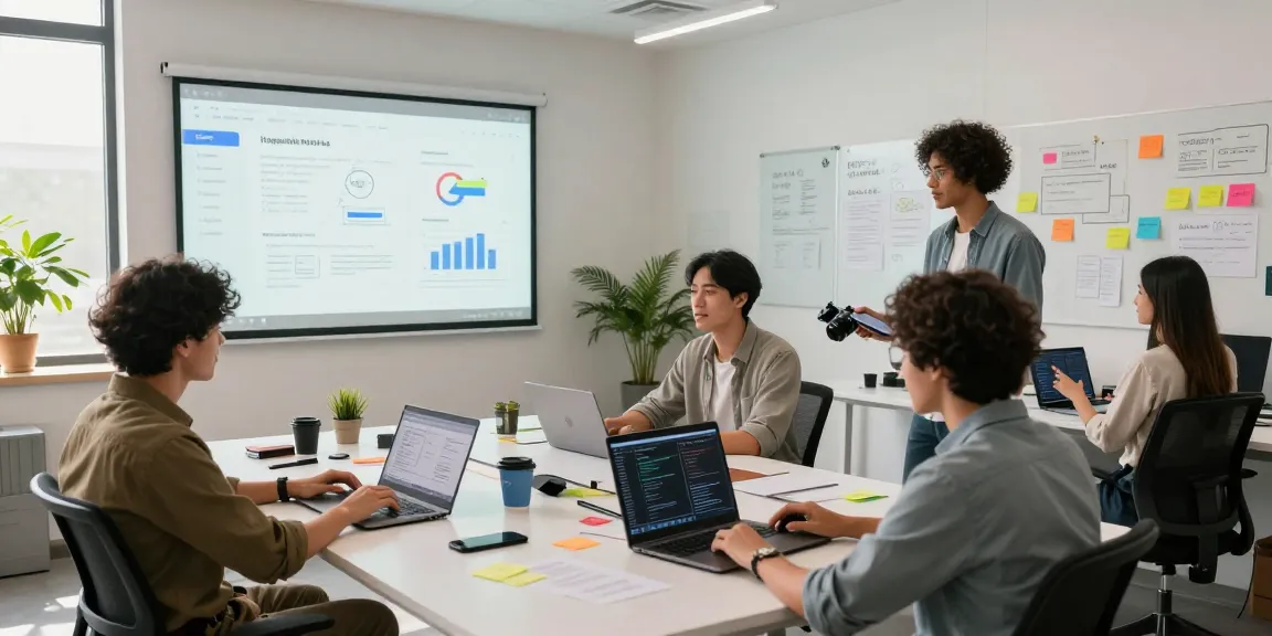 Build internal tools with AI in a modern collaborative workspace showcasing team members coding and planning.
