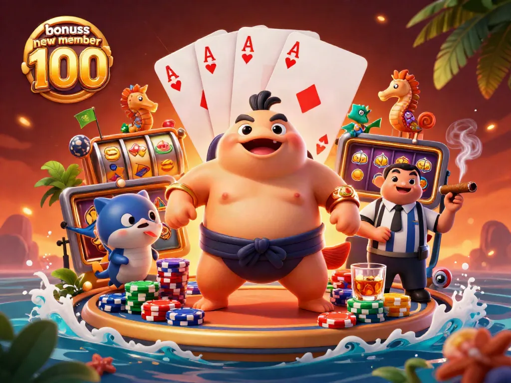 Experience the thrill of bonus new member 100 in this vibrant underwater casino scene with fugu and catfish.