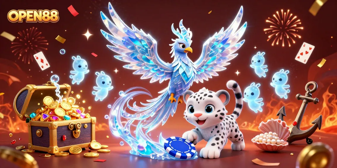 Experience winning fun at OPEN88 with vibrant casino action featuring a phoenix, poker chips, and treasures.