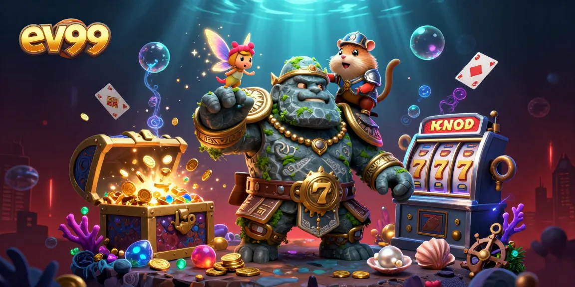 Bet on ev99's thrilling adventure with a golem, fairy, and hamster knight amid treasures.
