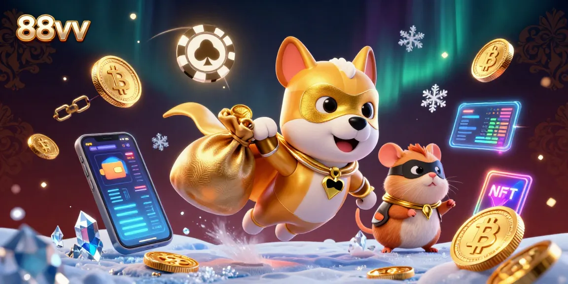 Watch the superhero dog of 88vv fly with a bag of gold coins against neon casino elements.