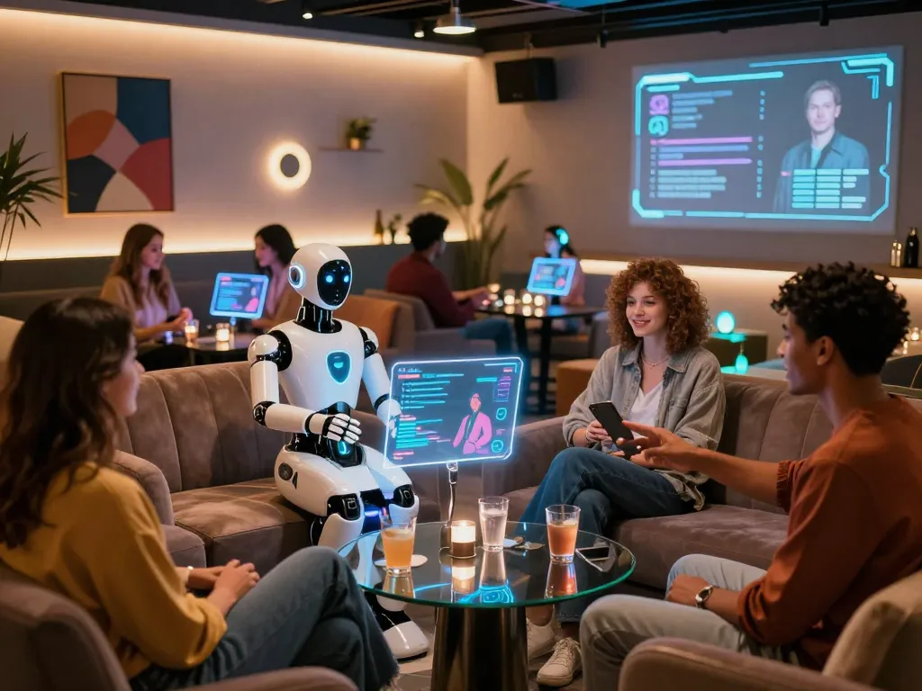 Group exploring ai sex technology in a futuristic lounge atmosphere with advanced robots.