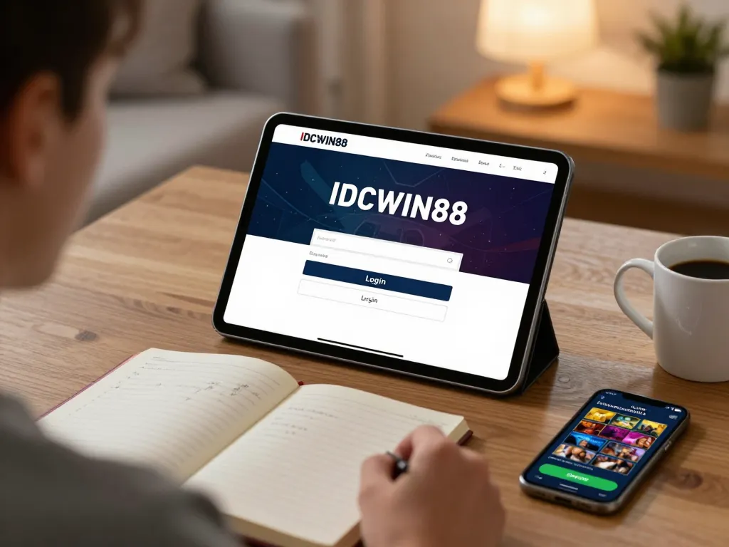 Engaging scene of IDCWIN88 Login interface on tablet in home setting, showcasing responsible online gambling.