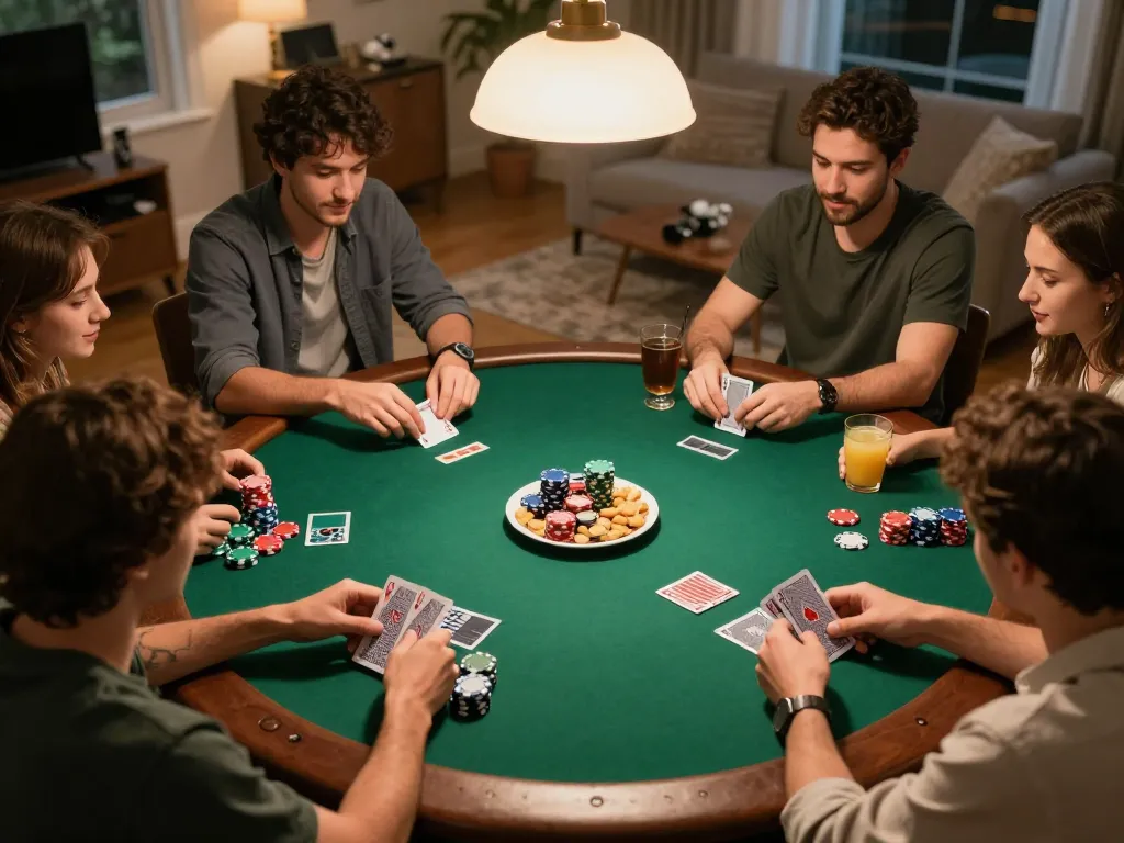 Friends playing poker at home with o8 gaming atmosphere, showcasing chips and cards in action.