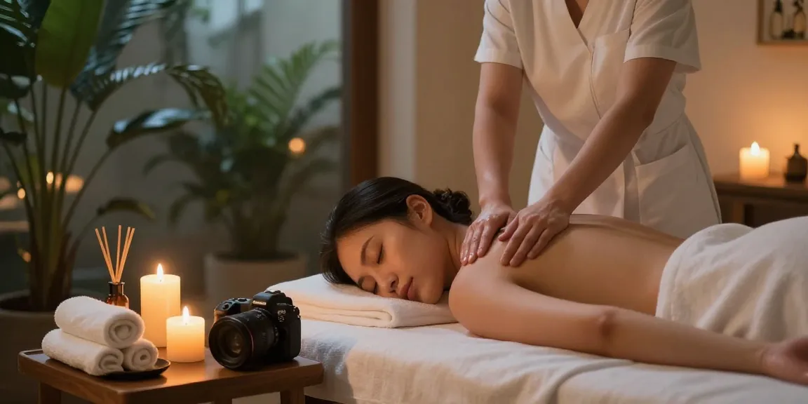 A calming scene of 성남출장마사지 therapy at home with candles and essential oils, emphasizing relaxation.