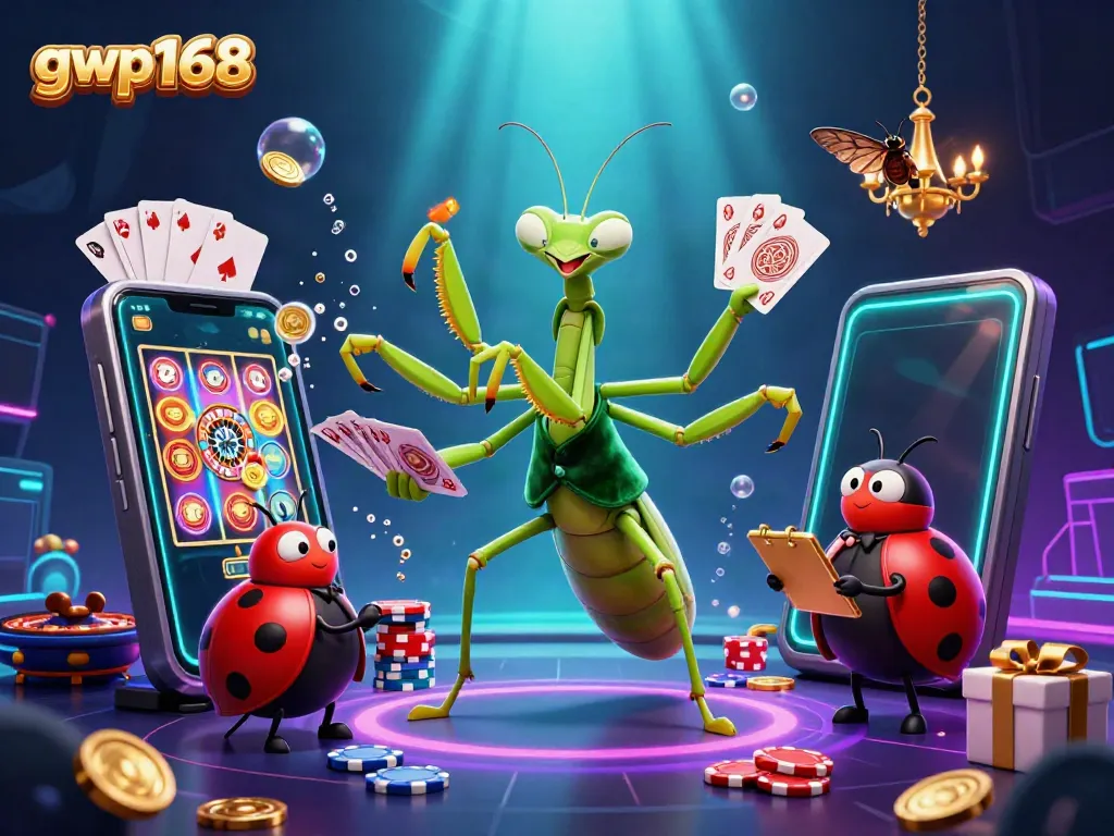 GWP168 menawarkan pengalaman kasino online dengan elemen megah, seperti kartu dan chip, dalam ilustrasi 3D yang dinamis.