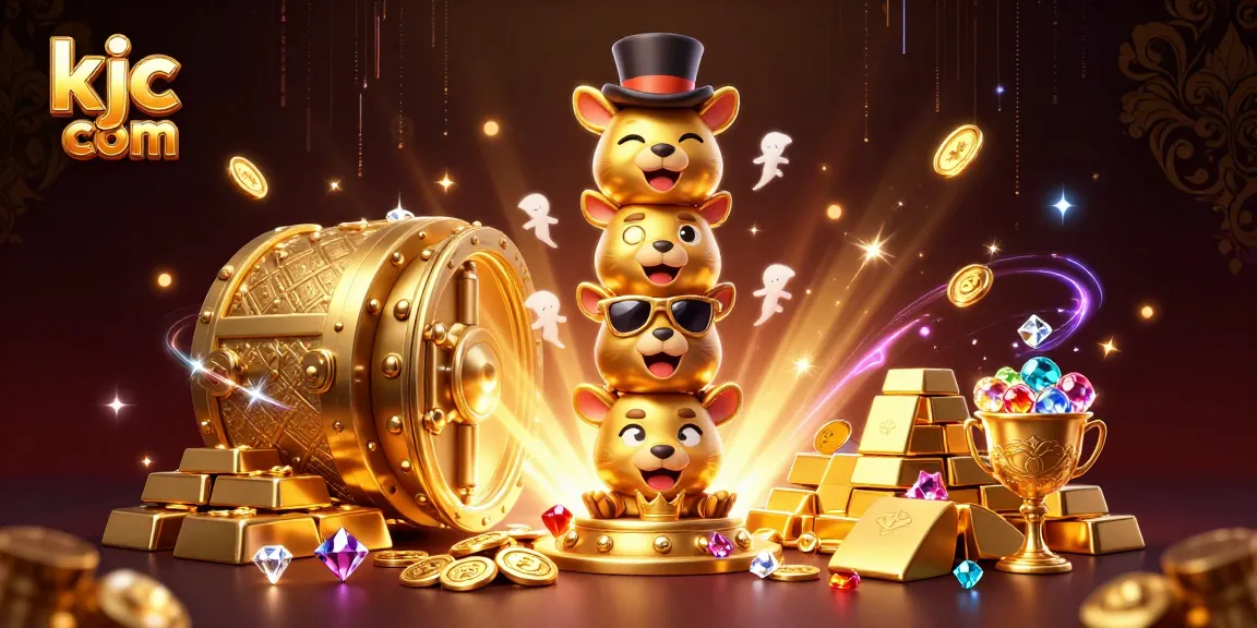 Engage with the vibrant universe of kjc com featuring a golden totem surrounded by treasures and casino elements.