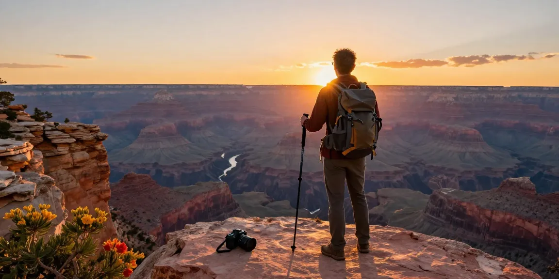 Safe travel explorer admiring the Grand Canyon at sunset, embracing adventure and picturesque landscapes.
