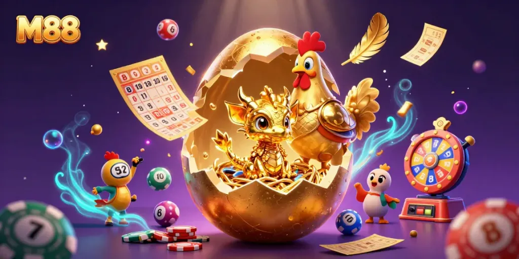 Engage with M88's dazzling golden dragon on a nest of poker chips amidst vibrant casino elements.