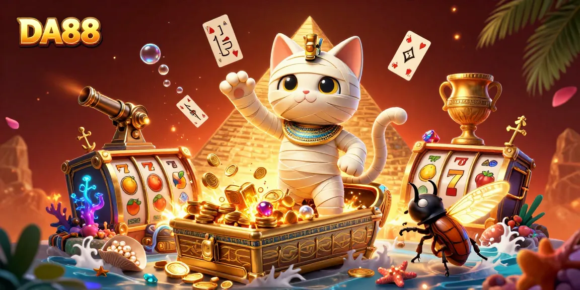 Engage in thrilling gameplay with DA88 as the mummy cat and scarab beetle defy luck!