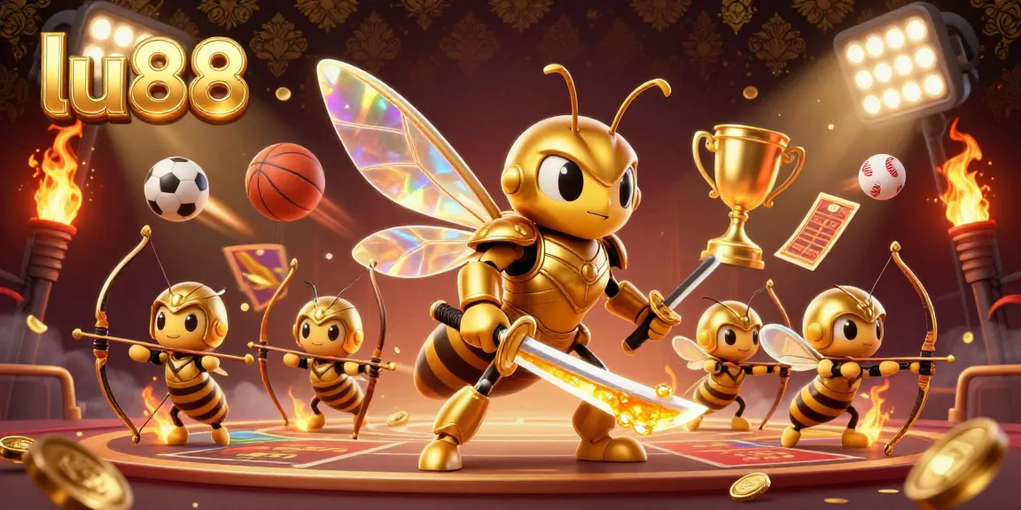 Experience thrilling sports betting action with lu88 illustrated by a golden hornet in samurai armor, showcasing excitement and rewards.