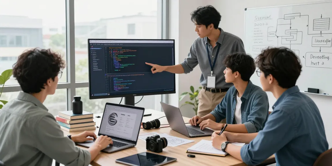 A web development company in Malaysia team collaborating on modern project designs in a vibrant office.