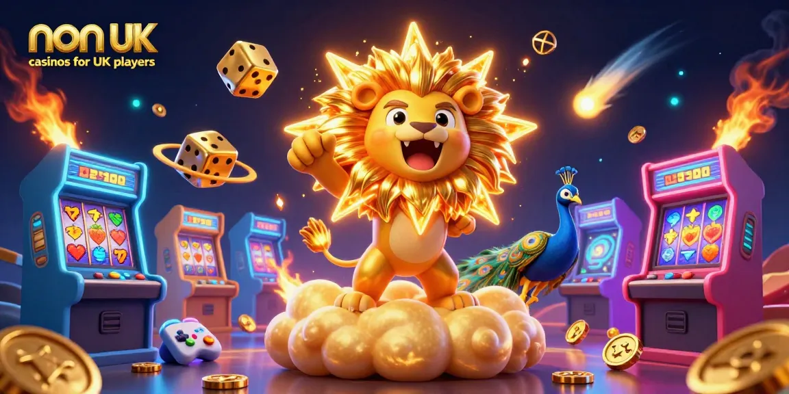 Experience thrilling non UK casinos for UK players with golden lion, cosmic dice, and vibrant gaming elements.