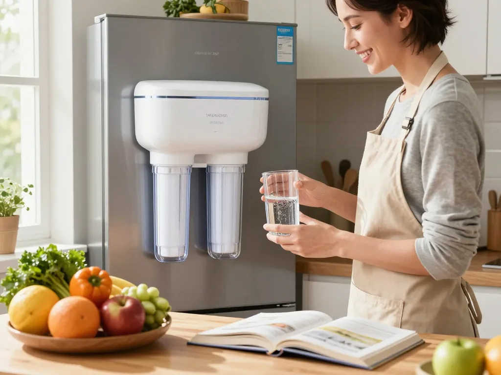 Homeowner filling a glass with Waterdrop Alkaline DA29-00020B Replacement for Samsung® Water Filter HAF-CIN/EXP water in bright kitchen.