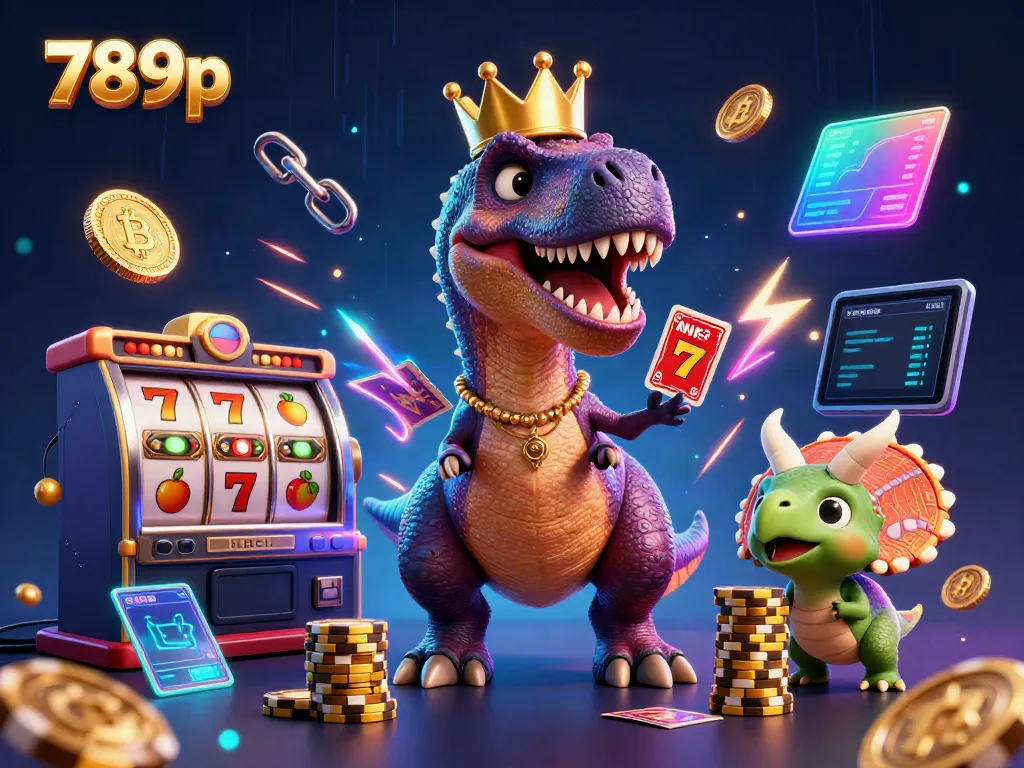 Join the excitement of 789p with a vibrant casino scene featuring a T-Rex, pterodactyl, and triceratops under neon lights.