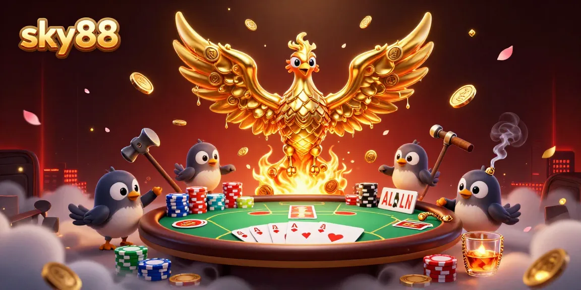 Experience exciting action with sky88 in this dynamic casino-themed illustration of a molten phoenix.