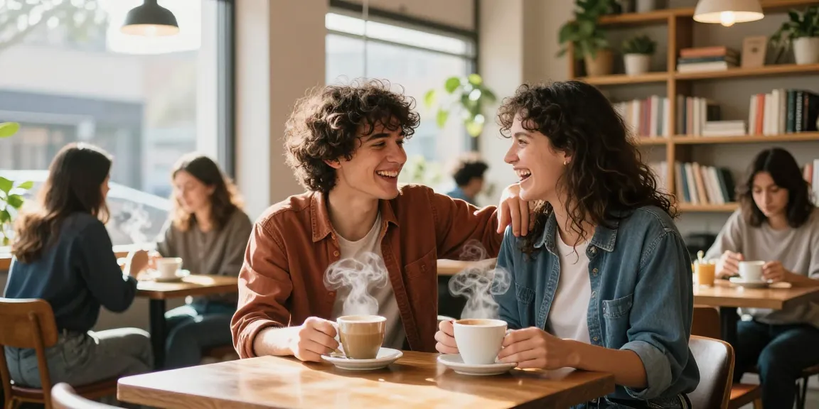 Friends sharing smiles and sharing about a crush on someone in a cozy cafe.