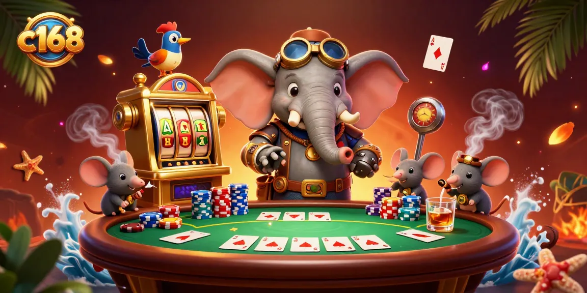 Experience exciting gaming at c168 with friendly characters at a vibrant casino scene.