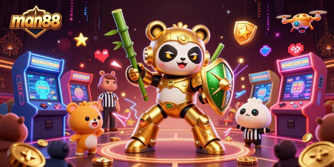 Experience thrilling gameplay with man88 as the golden panda battles in a vibrant casino-themed arena.