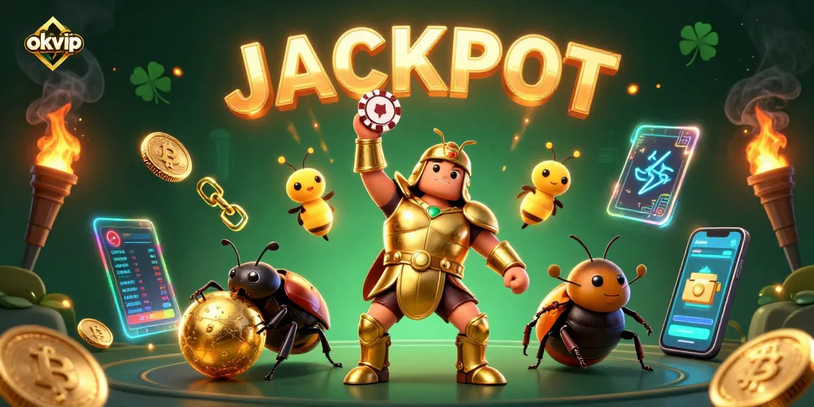 Engage with okvip in this vibrant 3D scene, celebrating a jackpot win with golden elements and dynamic characters.