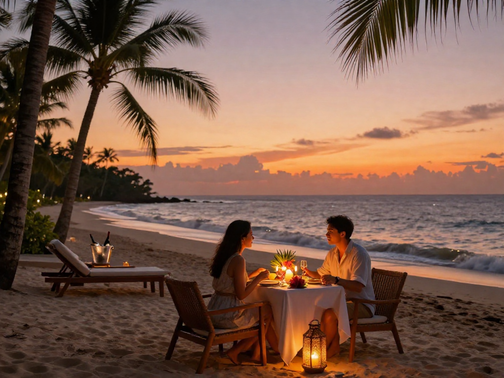 Momen romantis dengan LUXURY111 saat makan malam mewah di pantai pribadi.