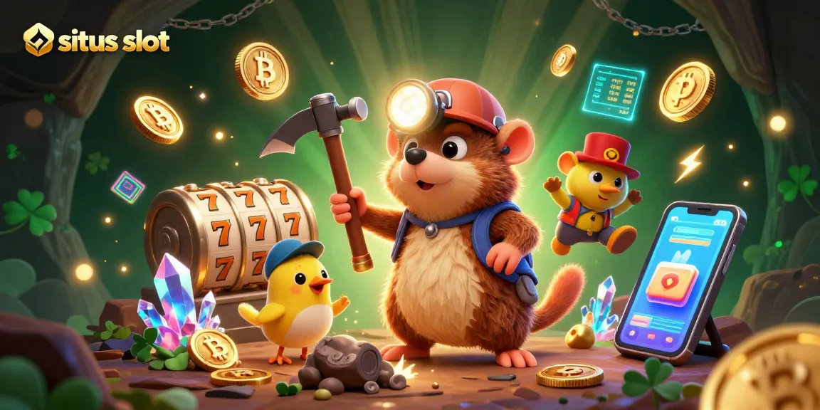 Engage with situs slot in an ultra-detailed 3D illustration showcasing a treasure hunter mole and vibrant casino elements.