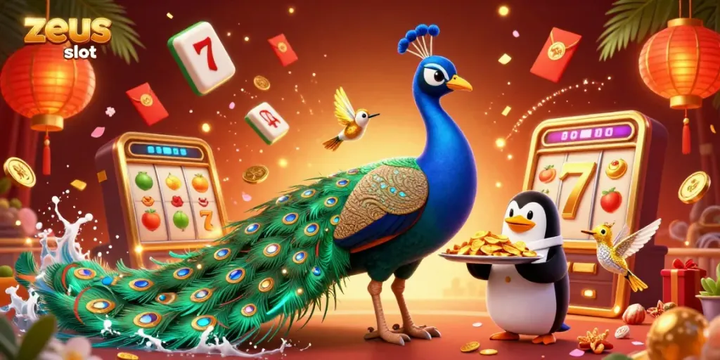Taruhan mengasyikkan di zeus slot dengan karakter permainan ceria, koin berkilau, dan simbol keberuntungan.