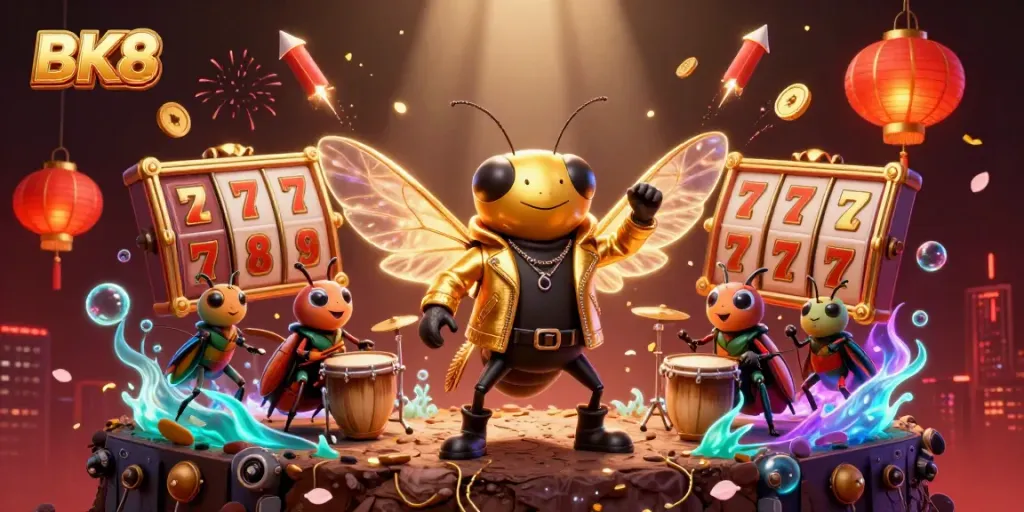 Engage with BK8's vibrant online casino world featuring dynamic characters and casino elements.