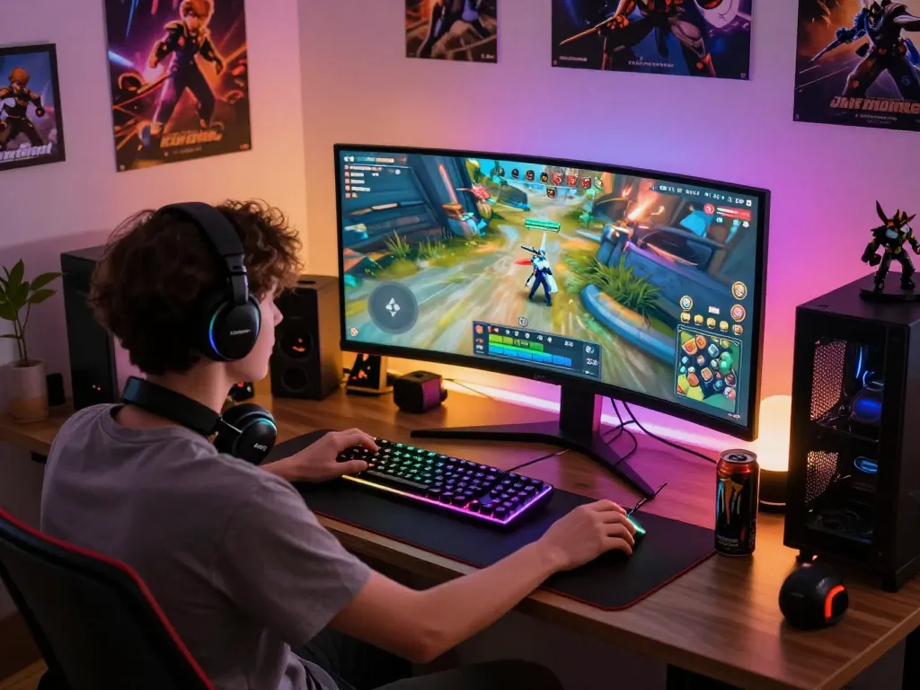 A gamer immersed in online action at ligasedayu.com with vibrant gaming setup and ambient lights.