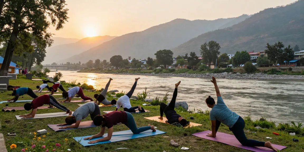 Yoga teacher training course in Rishikesh participants practicing yoga poses outdoors by the Ganges River during sunset.