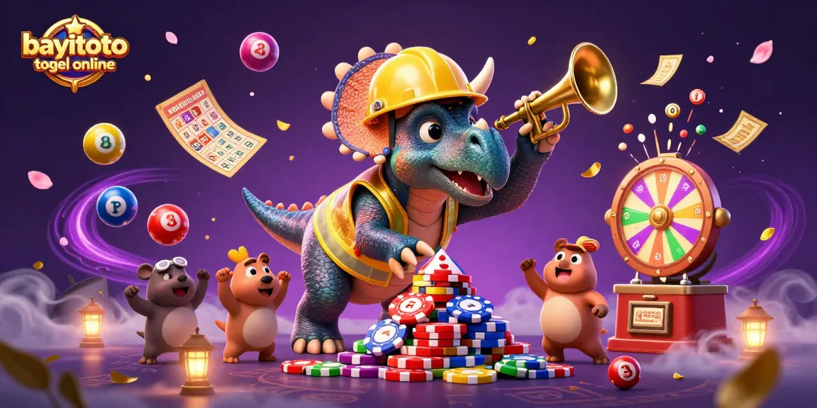 Experience bayitoto togel online with a fun-filled game scene featuring vibrant lottery elements and celebrating dinosaurs!