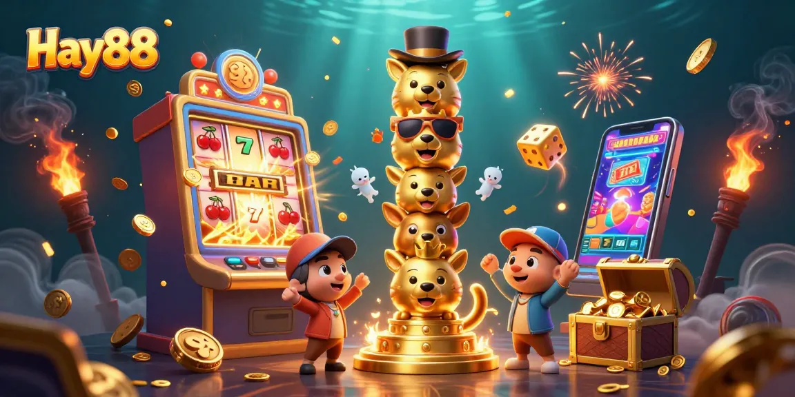Hay88 slot machine jackpot scene with animated totem characters, coins, and golden elements.