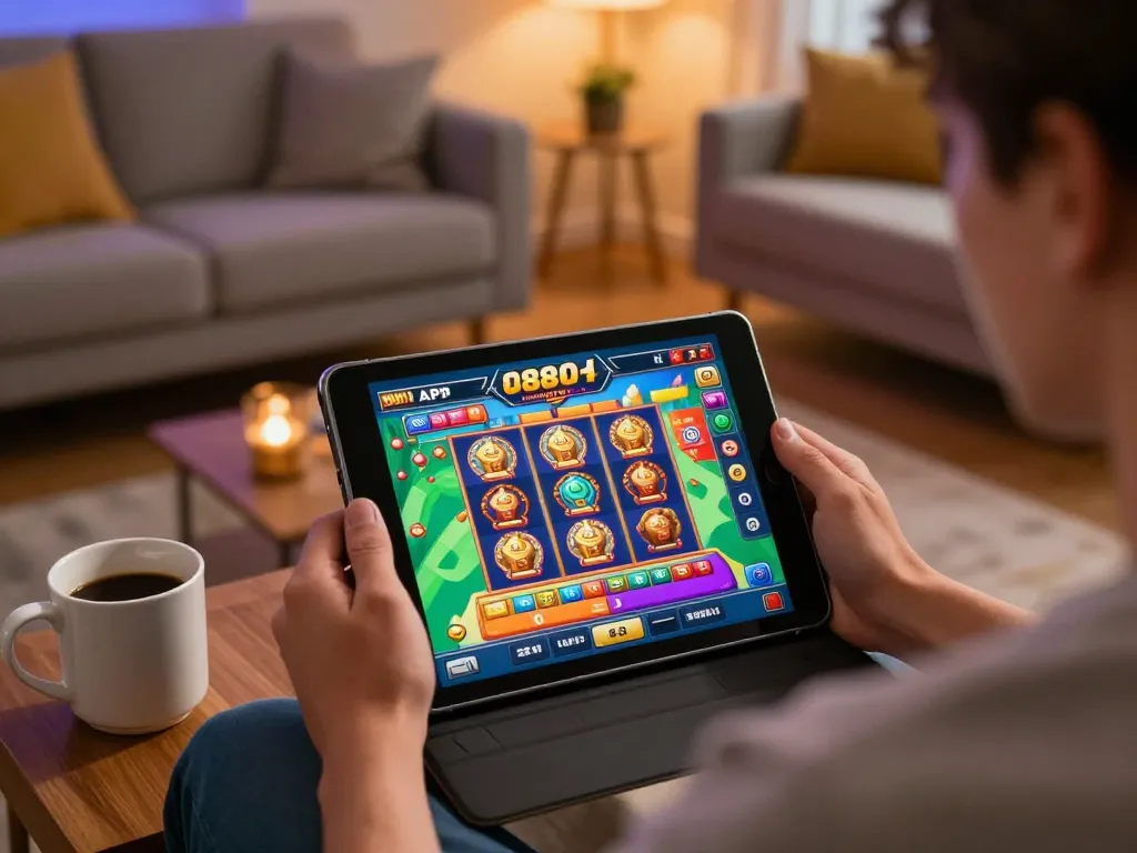 Engaging in online gaming with slot88 apk on a tablet in a cozy living room setting
