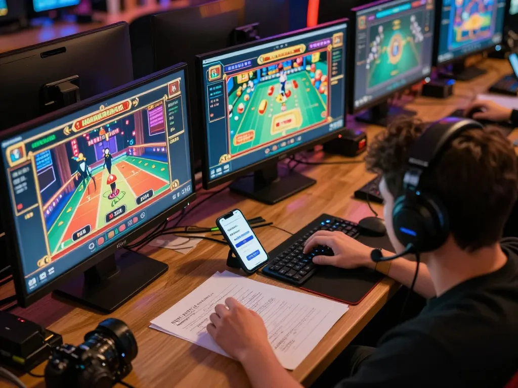 Engaging scene of a player accessing IDCASH88 Login during an online gaming session, showcasing casino games on multiple screens.