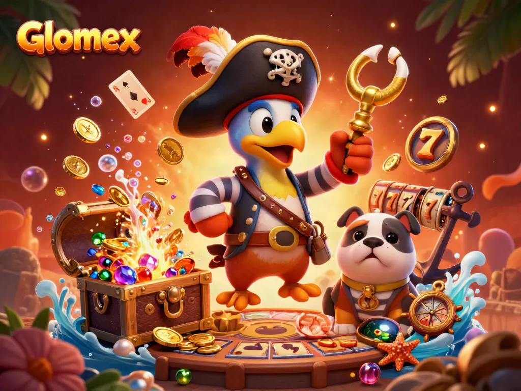 Engage with Glomex's vibrant casino adventure featuring slot elements and dynamic characters.