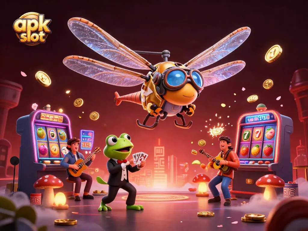 Bermain apk slot dengan atmosfer casino yang meriah, menampilkan karakter kartun yang menarik.