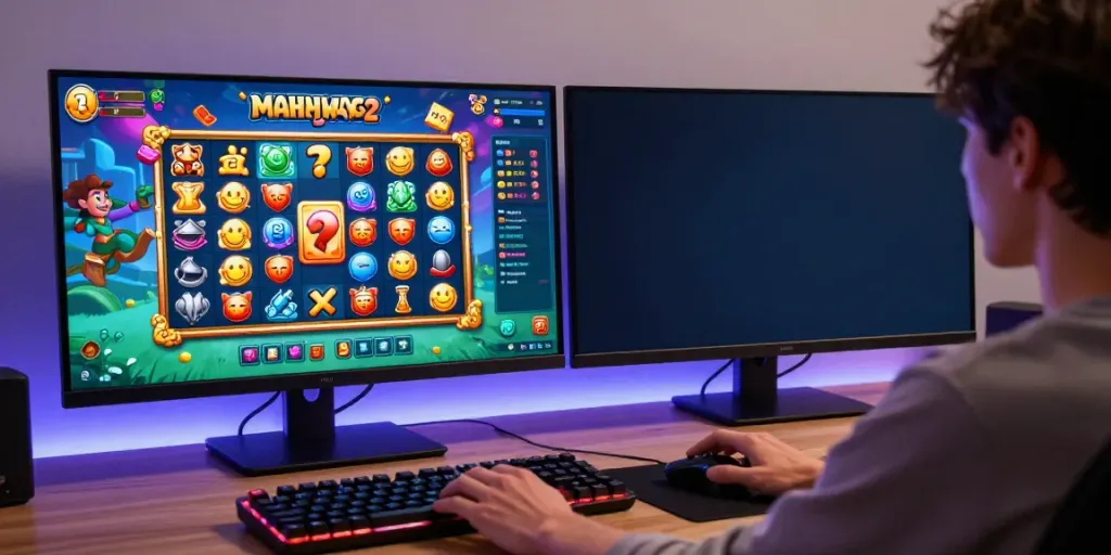 Permainan slot Mahjong Ways 2 ditampilkan pada layar besar dengan aksesori gaming yang modern.