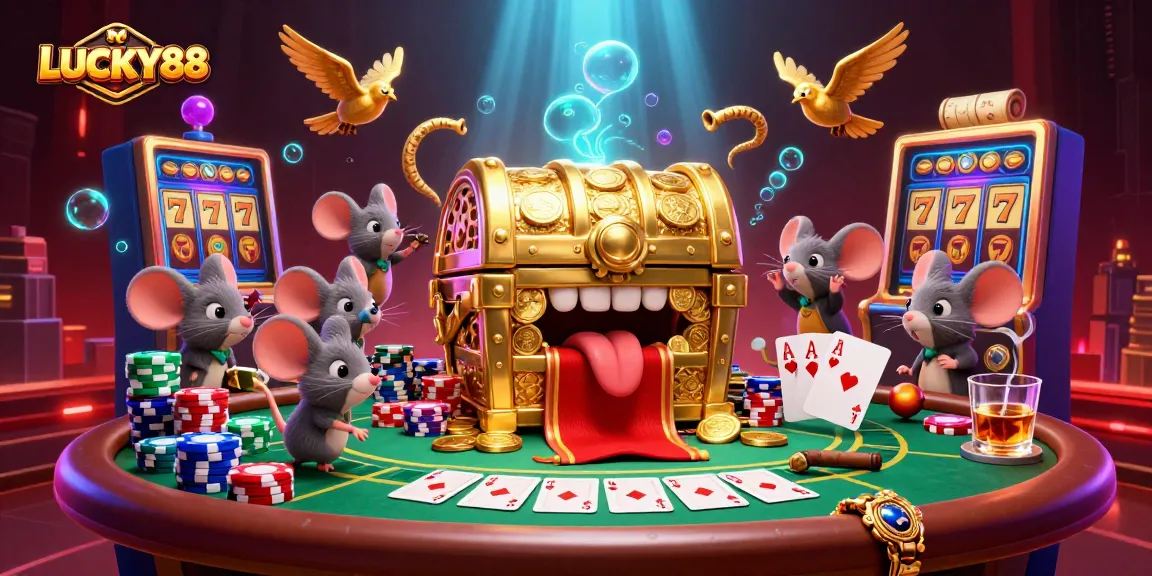 LUCKY88 invites players to win big at poker tables piled with chips and treasures.
