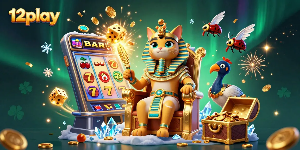Engage in exciting gaming at 12play with a vibrant scene of a cartoon pharaoh cat, thrilling slots, and dynamic casino elements.