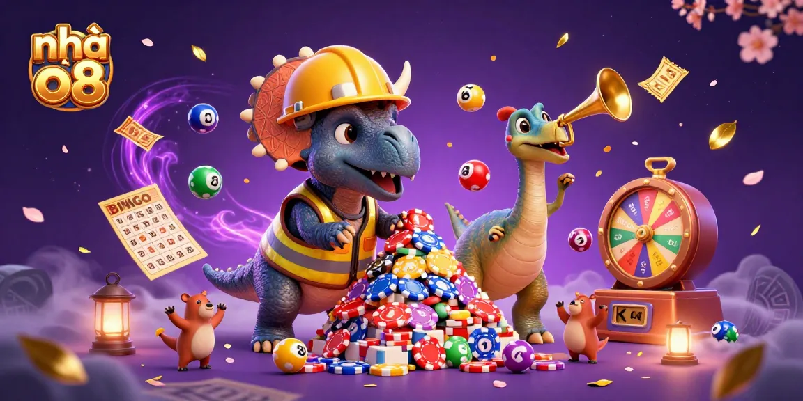 Engaging scene from nhà cái o8 where a triceratops builds poker chip pyramid amid festive gaming elements.