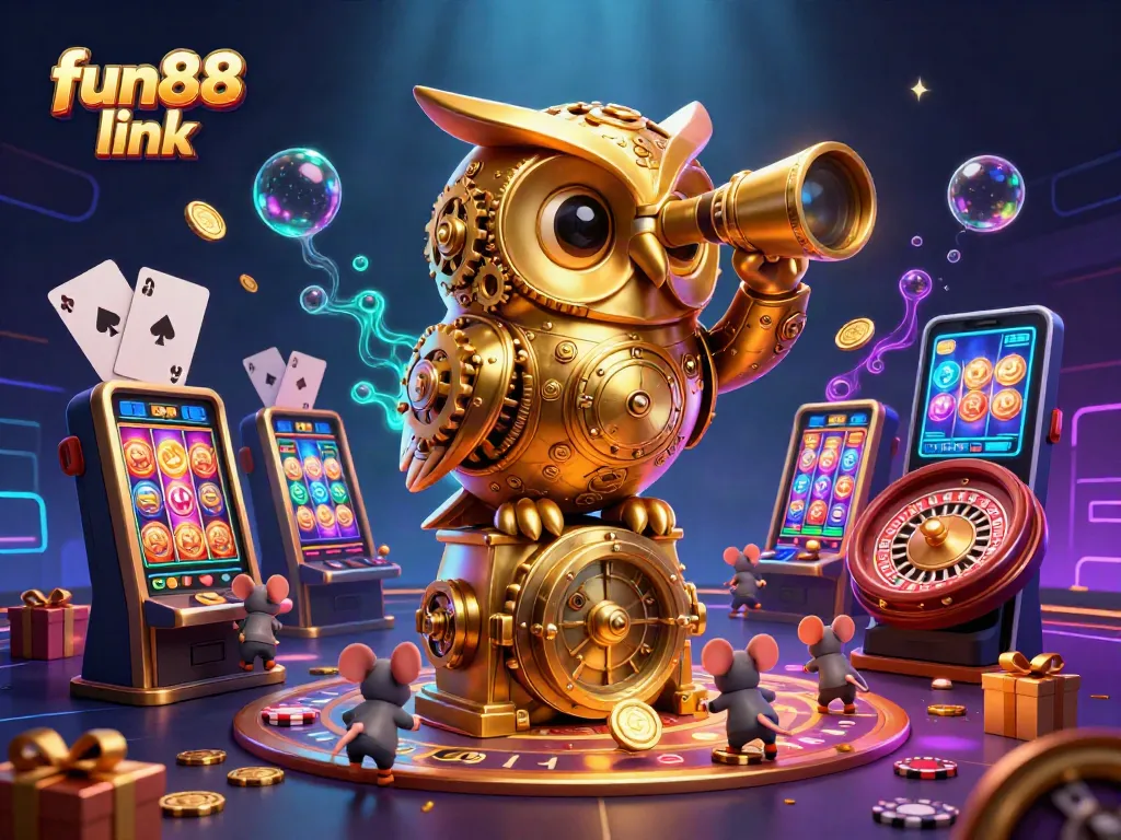 Engage with fun88 link, where a golden owl surveys a vibrant casino scene full of colorful games.