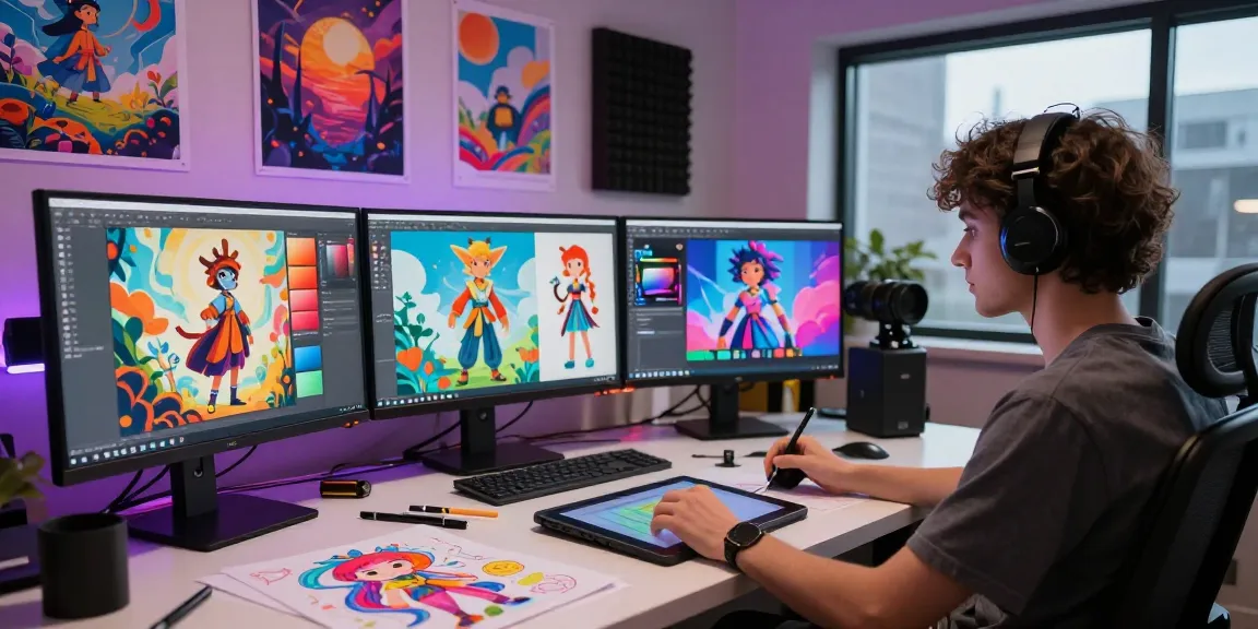 NSFW AI character creation workspace showcasing artist engaging with vibrant digital designs