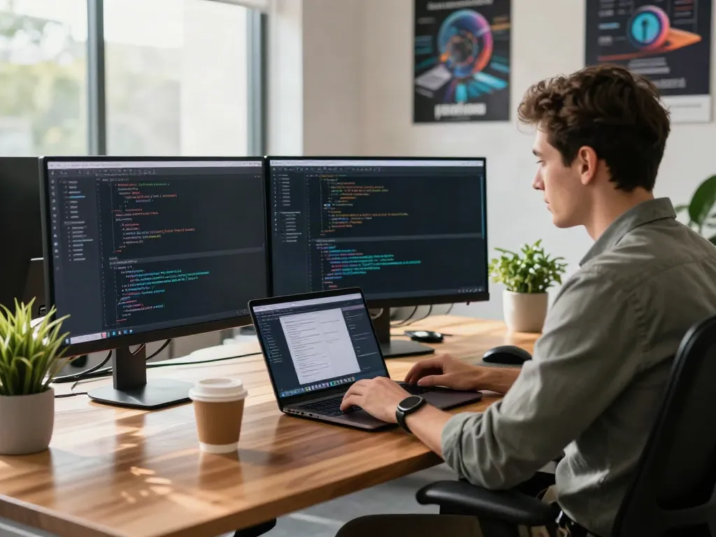 The A80 website development workspace showcasing a professional developer coding at dual monitors in a modern office.